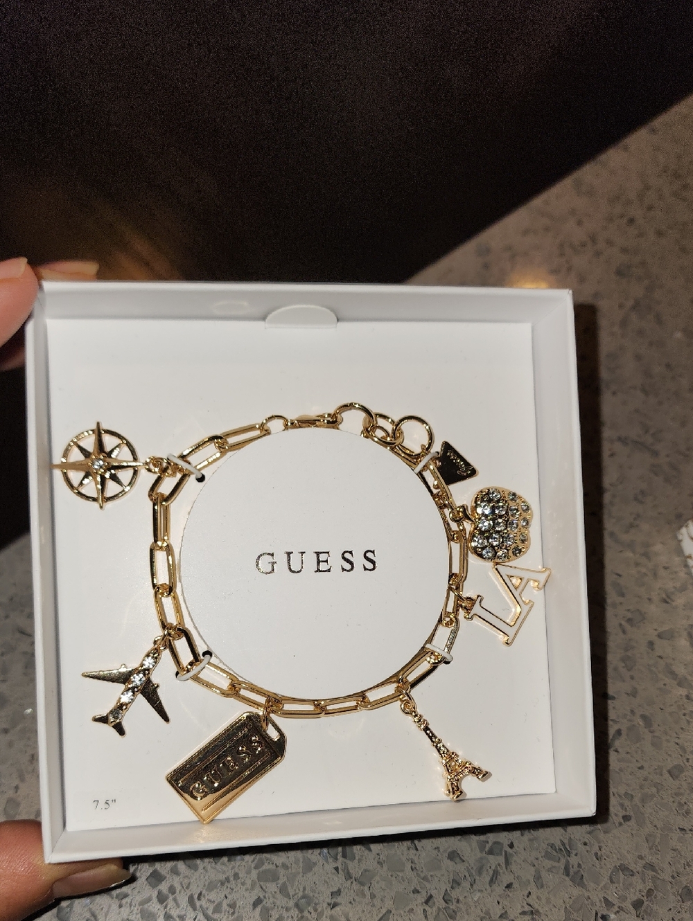 GUESS Gold Charm Bracelet with Crystal Accents - Gold 7.5"